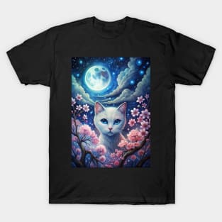 Moonlight Cherry Blossom Japanese White Cat T-Shirt